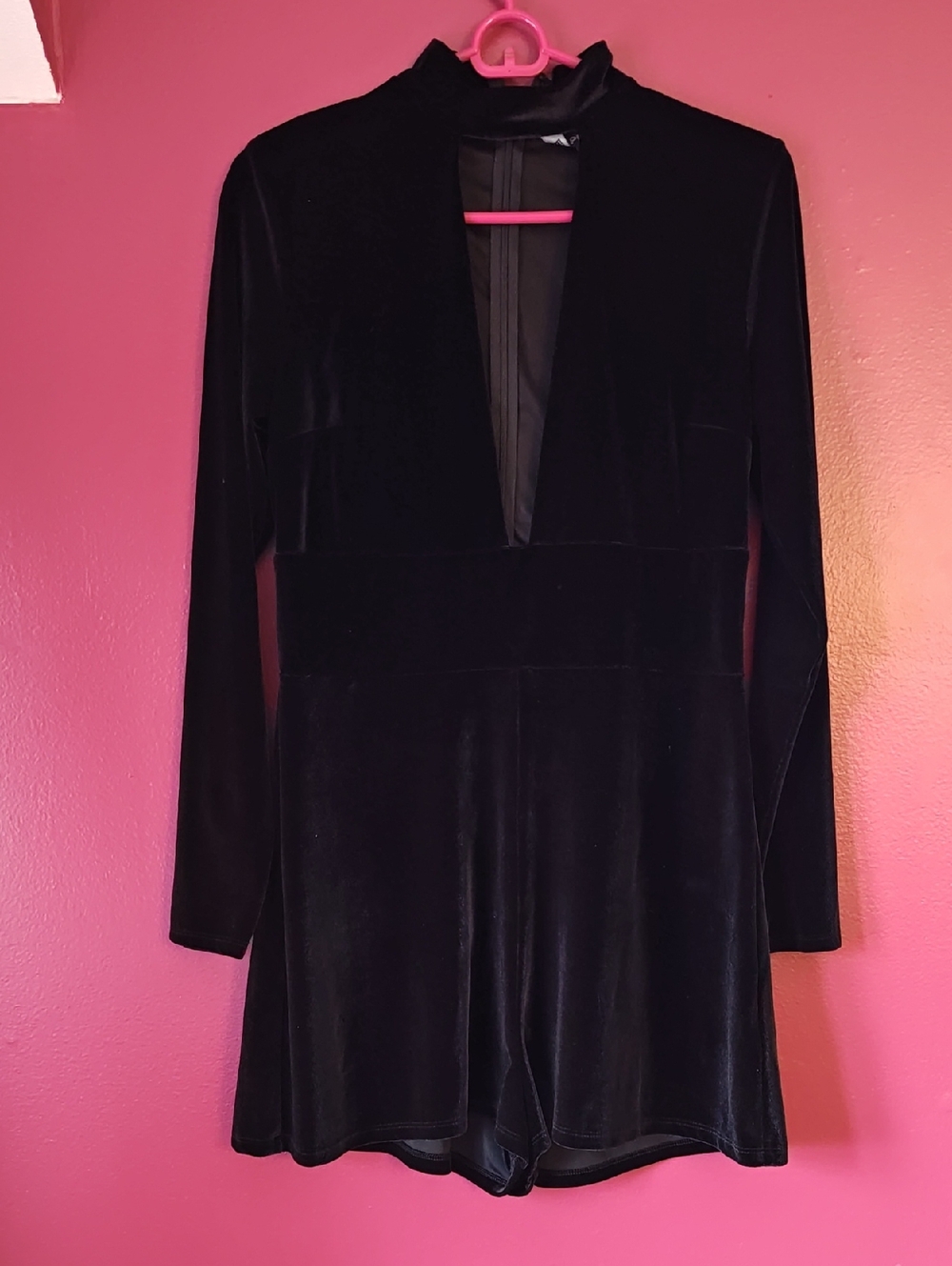 Express Black Velvet Long-Sleeve Plunge Romper Dress